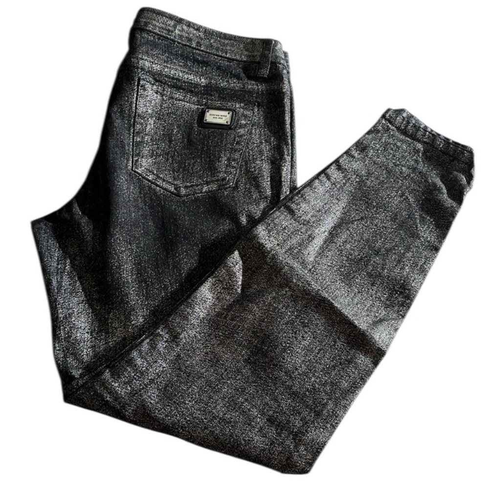 Micheal Kors size 10 black metallic coated jeans cropped at ankle with zipper